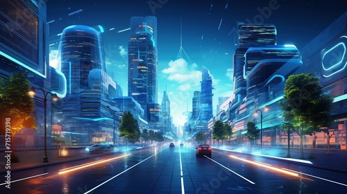 Smart city with futuristic street and holographic display for advance infrastructure concept. Created with Generative AI