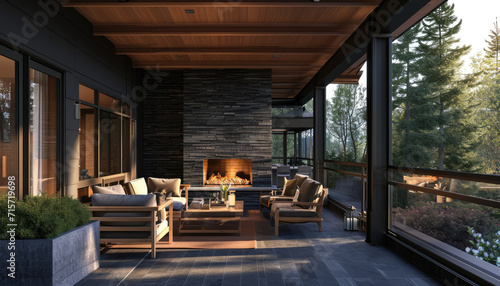 a view of an outdoor patio with fireplace and wood furniture