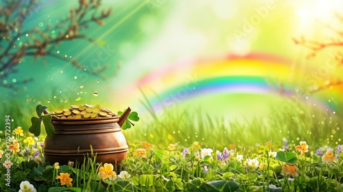 Leprechauns bounty, Pot of gold, rainbow backdrop a magical St. Patricks Day illustration, blending whimsy with the vibrant spirit of the holiday. St. Patricks Day concept.