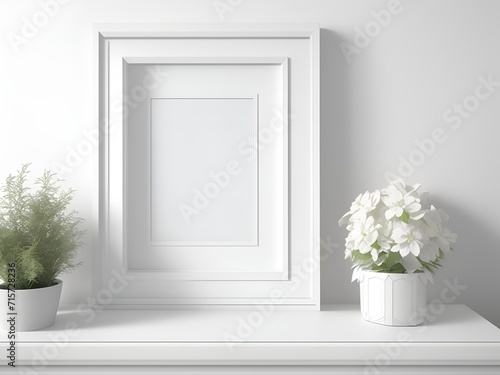 Look closely! There's a white frame on the table next to a plant. It's a square frame for a pretend design.