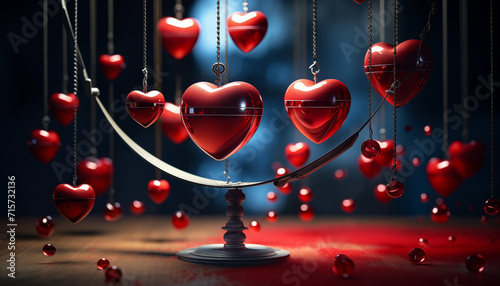 Newton's cradle replaced with cascading red hearts, each heart symbolizing a rebound of emotion, creating a harmonious choreography of feelings. Valentine's Day. AI Generative.