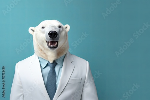 animal polar bear wild animal concept Anthromophic friendly bear wearing suite formal business suit pretending to work in coporate workplace studio shot on plain color wall