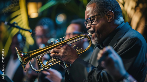 A lively jazz ensemble in action, featuring a trumpet player passionately blowing into the brass instrument, surrounded by fellow musicians immersed in the rhythm. The composition