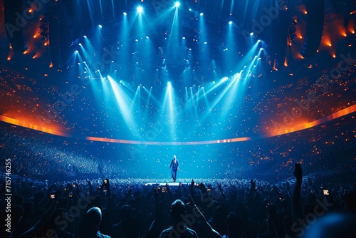 Singer performs a musical concert on stage in a huge packed stadium hall. Epic lights and flashlights