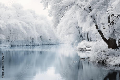 Winter river in snow forest landscape