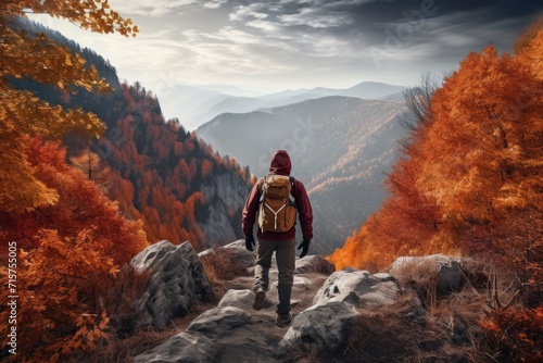 A determined entrepreneur embarks on a challenging hike up a hill, surrounded by the fiery spectacle of autumn trees, symbolizing his journey towards success