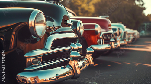 Polished vintage cars in a row, side view