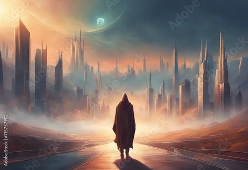 Silhouette illustration of a man in a cloak walking towards the city
