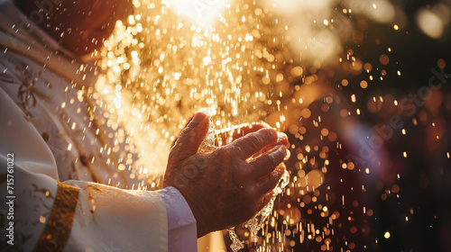 A close-up of a clergy member blessing a congregation with holy water during Palm Sunday, the droplets catching the sunlight as they fall onto the gathered worshipers. The moment c