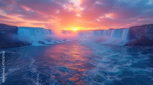  the sun is setting over a waterfall with a waterfall in the foreground and a body of water on the other side of the waterfall is a body of water.