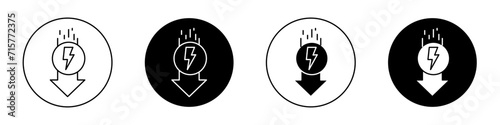 Low electricity consumption icon set. Reduce energy consumption vector logo symbol in black filled and outlined style. Reduce electricty sign.