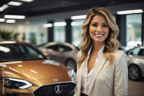 young woman portrait in a car showroom