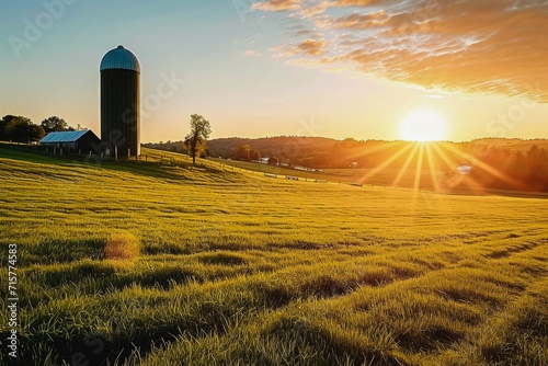 Golden sunset over a peaceful countryside farm with a silo, highlighting the tranquil beauty of rural life.