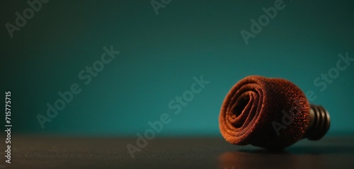  a close up of a rolled up piece of cloth on a table with a teal wall in the backgroup of the picture and a green wall in the background.