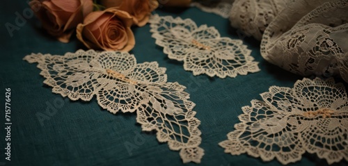  a table topped with lace and flowers on top of a blue table cloth covered in white crocheted doily on top of a teal cloth covered table.