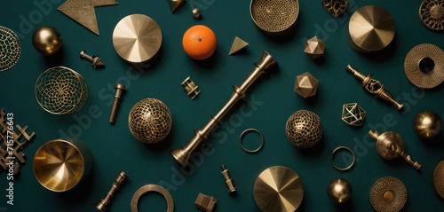  a collection of various metal objects on a green surface with an orange in the middle of the image and an orange in the middle of the image on the top of the picture.