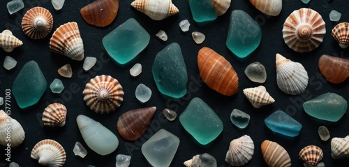  a collection of sea glass and seashells on a black background, top view, with a shallow focus on one of the shells and one of the seashells.