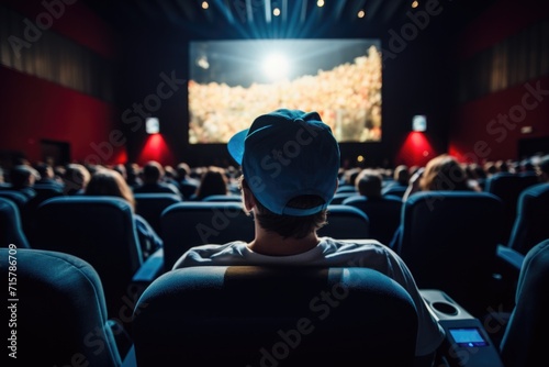 Back view of theater audience watching movie in cinema