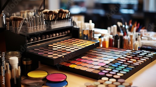 Close up of vibrant, high quality makeup tools and products in professional studio lighting