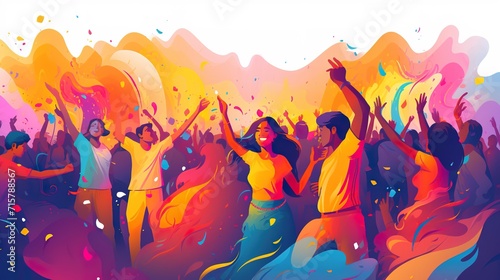 flat illustration, joyful happy friends, couple sharing laughter at holi festival, colorful memories in making, youth event celebration, blurred colorful powder in air.