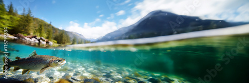 Panorama of a rainbow trout swimming in the clear alpine water under the sunlight. Mountain river with fish, underwater view.