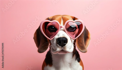 happy cute dog with a heart shaped sunglasses for valentine day, birthday or anniversary, on a pink background 