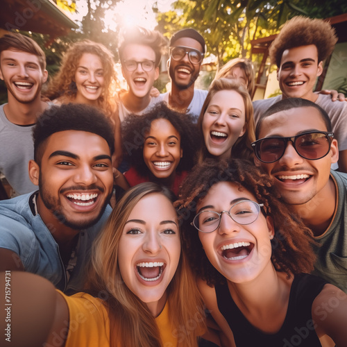 Multiracial young people laughing together at camera - Happy group of friends having fun taking selfie pic with smart mobile phone - Youth community concept with guys and girls hugging outdoors