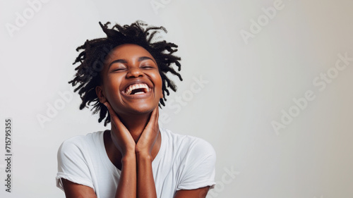 Happy black woman ,Happy person engaged in a fulfilling hobby. Laughing. Optimistic, isolated on background