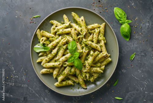 Penne pasta with pesto sauce on a plate, isolated on a marble table, top view