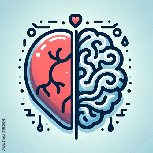 Heart and Brain concept, conflict between emotions and rational thinking, teamwork and balance between soul and intelligence. Vector logo