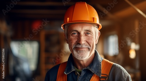 A happy elderly construction man standing on a construction site. Portrait of a caucasian male builder in an unfinished building. Guy wearing a protective hard hat in a constructing apartment building