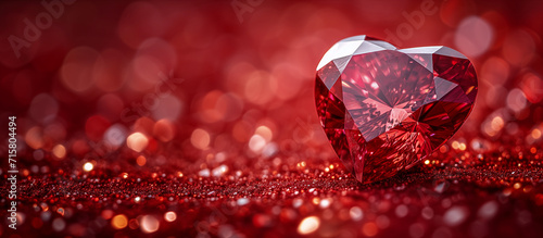 Heart shaped diamond, ruby on bokeh background. Valentine's day, 14 february theme. Love and romance. 