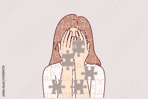 Depressed girl suffers from self-destruction and personality destruction, consists of mosaic with void. Depressed woman with mental disorder and psychological problems needs help of psychologist