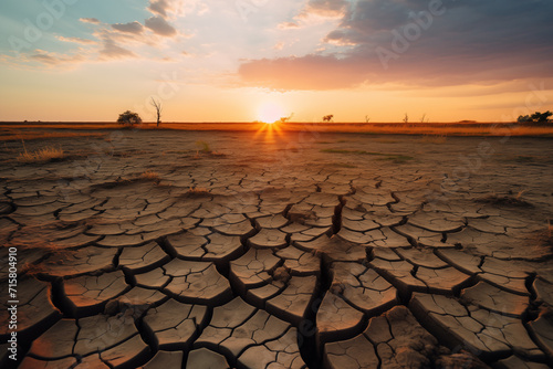 The sun sets dramatically over a vast landscape of dry, cracked soil, evoking the severity of drought conditions. 