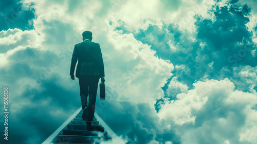 Ambitious Businessman Climbing Stairs Towards Sky Representing Career Aspiration