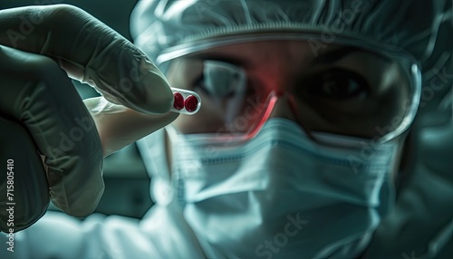 A physician, equipped with a bacteriological protective suit, focused on inspecting an antidote vial for a potentially dangerous virus.