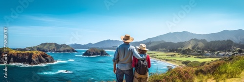 Senior couple admiring the scenic Pacific Ocean coast while hiking, filled with wonder at the beauty of nature during their active retirement