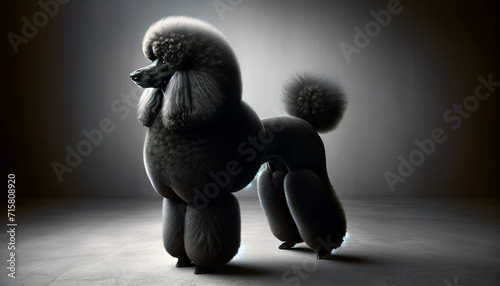 A majestic black standard poodle is portrayed in a dramatic light, its silhouette emphasizing the distinctive and elegant grooming style.Dog hairstyle concept. AI generated.