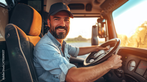 smiling bearded truck driver wearing a cap and a denim shirt is seated in the cab of a truck