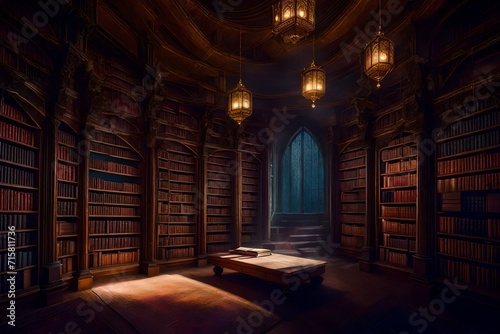 The library, with towering shelves of mystical books, is bathed in the soft, mystical glow of floating orbs of light