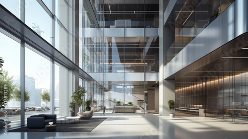 futuristic stunning high modern office building showing full elevation using predominantly aluminum and glass materials to showcase transparency and openness and eco-friendly