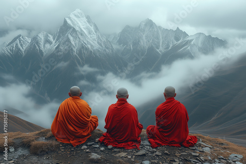 three Buddhist monks meditate while sitting in the mountains
