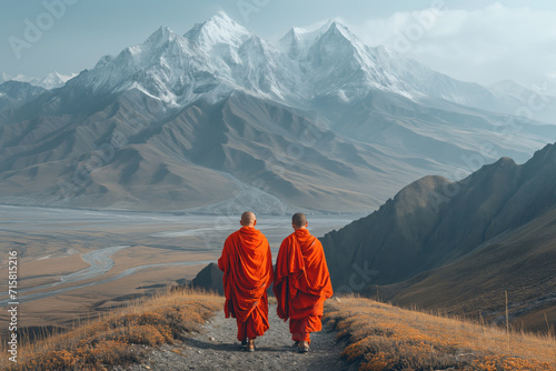 two Buddhist monks against the backdrop of mountains