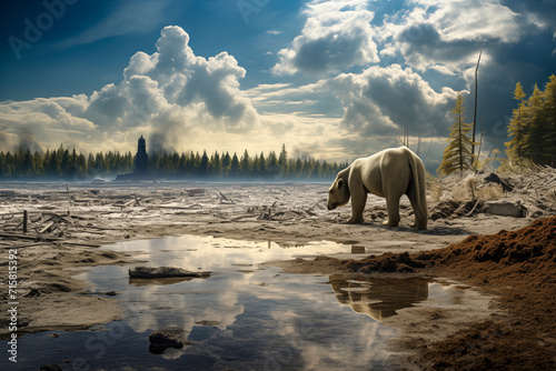 View at Climate Change and What Can Happen, A Polar Bear, Looking for Food, on a Dry River Bed