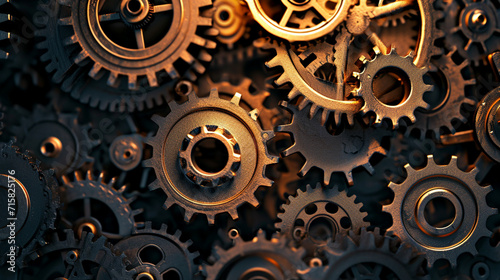 An image of interconnected gears, symbolizing a network of mechanical systems, network, dynamic and dramatic compositions, with copy space