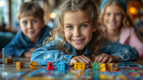 Close-up of a group of friends' children playing board games at home. portrait of a girl playing board games