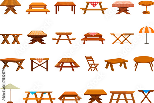 Wooden table picnic icons set cartoon vector. Empty garden. Park terrace