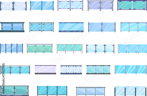 Glass banister balcony icons set cartoon vector. Rail fence. Terrace metal