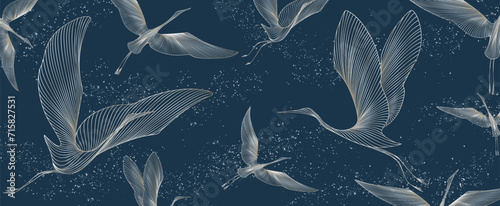 Luxury dark blue art background with crane birds in white line art style. Abstract animalistic banner for wallpaper, decor, print, textile, packaging, interior design.
