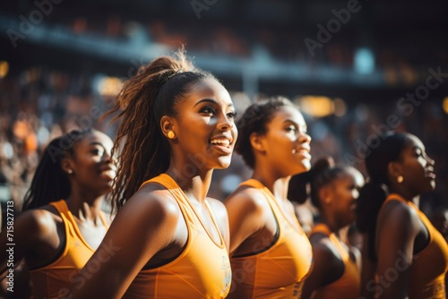 Cheerleading team in orange uniform excitedly supporting their team at a basketball game.